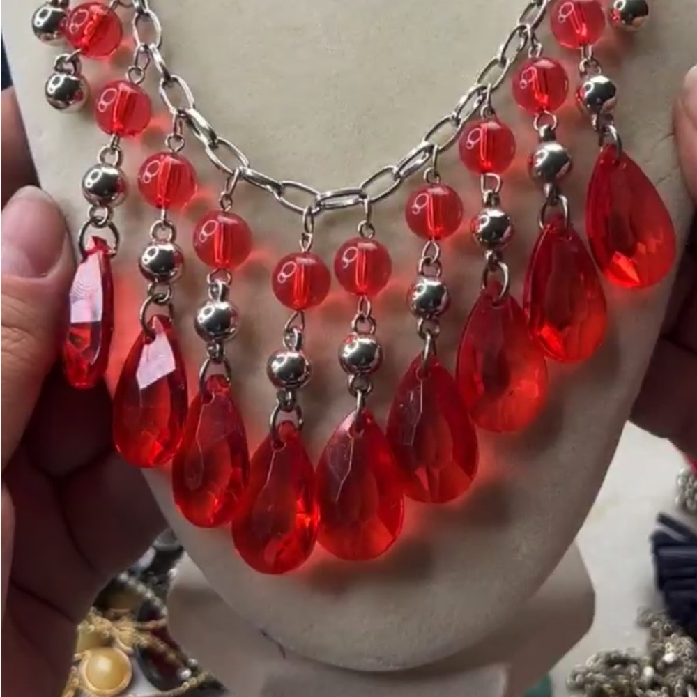 Red and Silver Cascading Teardrop Necklace